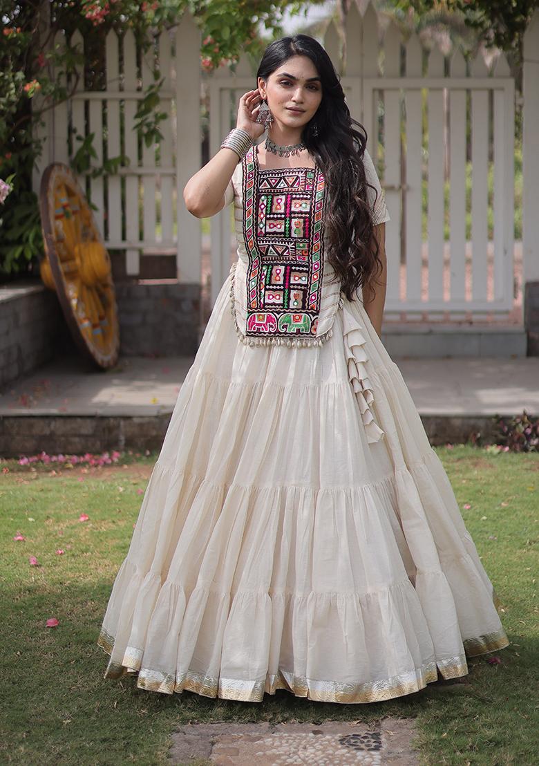 White Kutchi Patchework Cotton Lehenga Choli - Indya