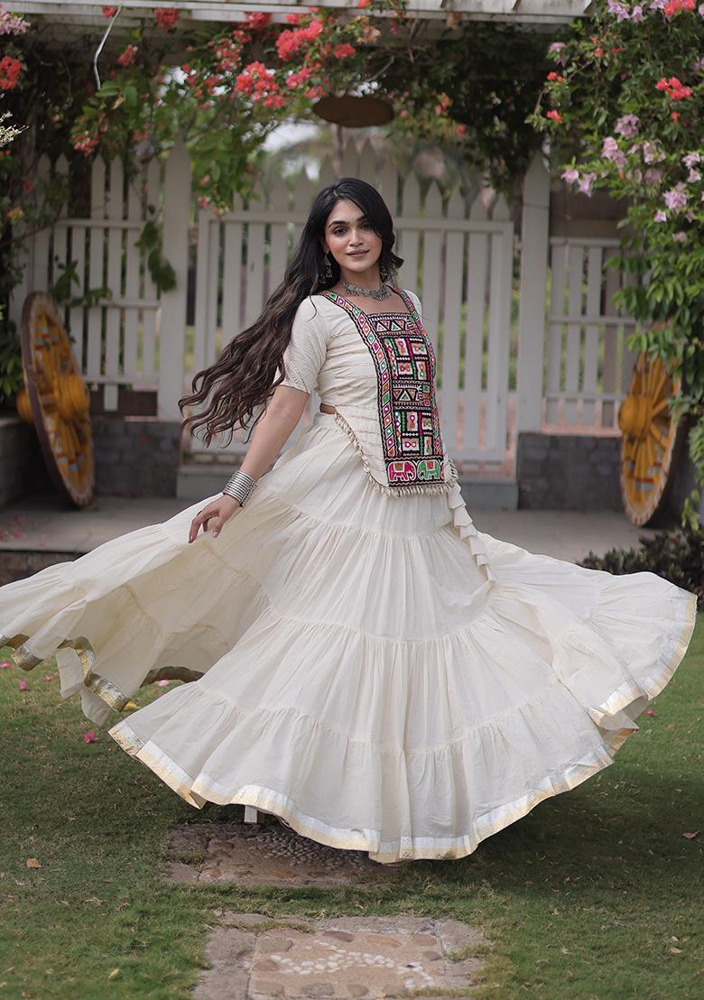 White Kutchi Patchework Cotton Lehenga Choli - Indya