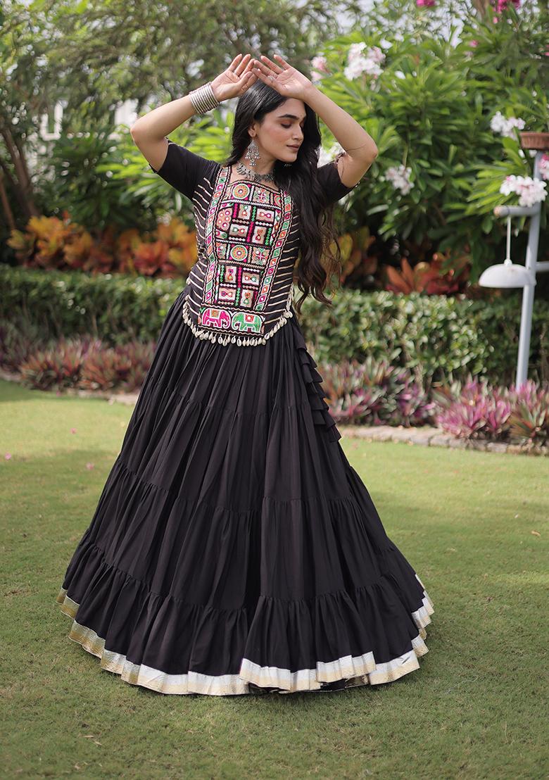 Black Kutchi Patchework Cotton Lehenga Choli - Indya
