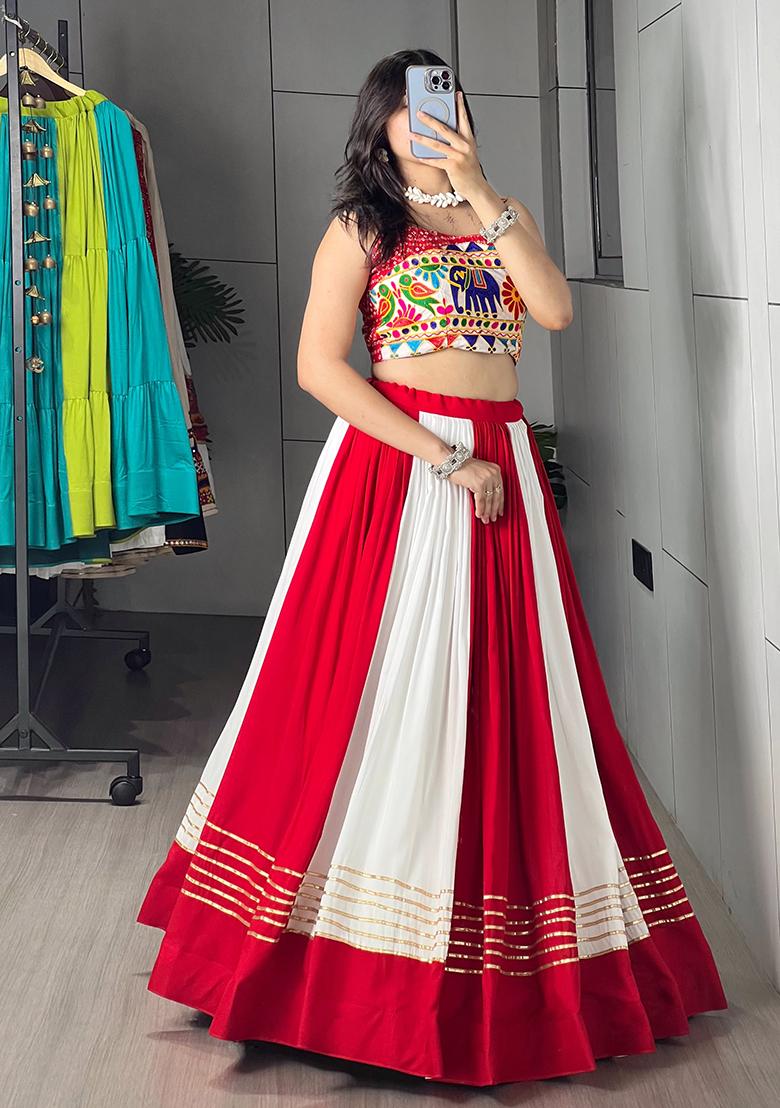 Red Printed Cotton Lehenga Choli - Indya