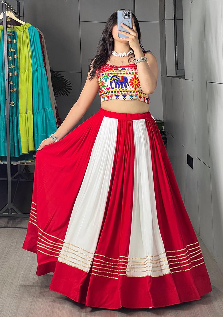 Red Printed Cotton Lehenga Choli - Indya