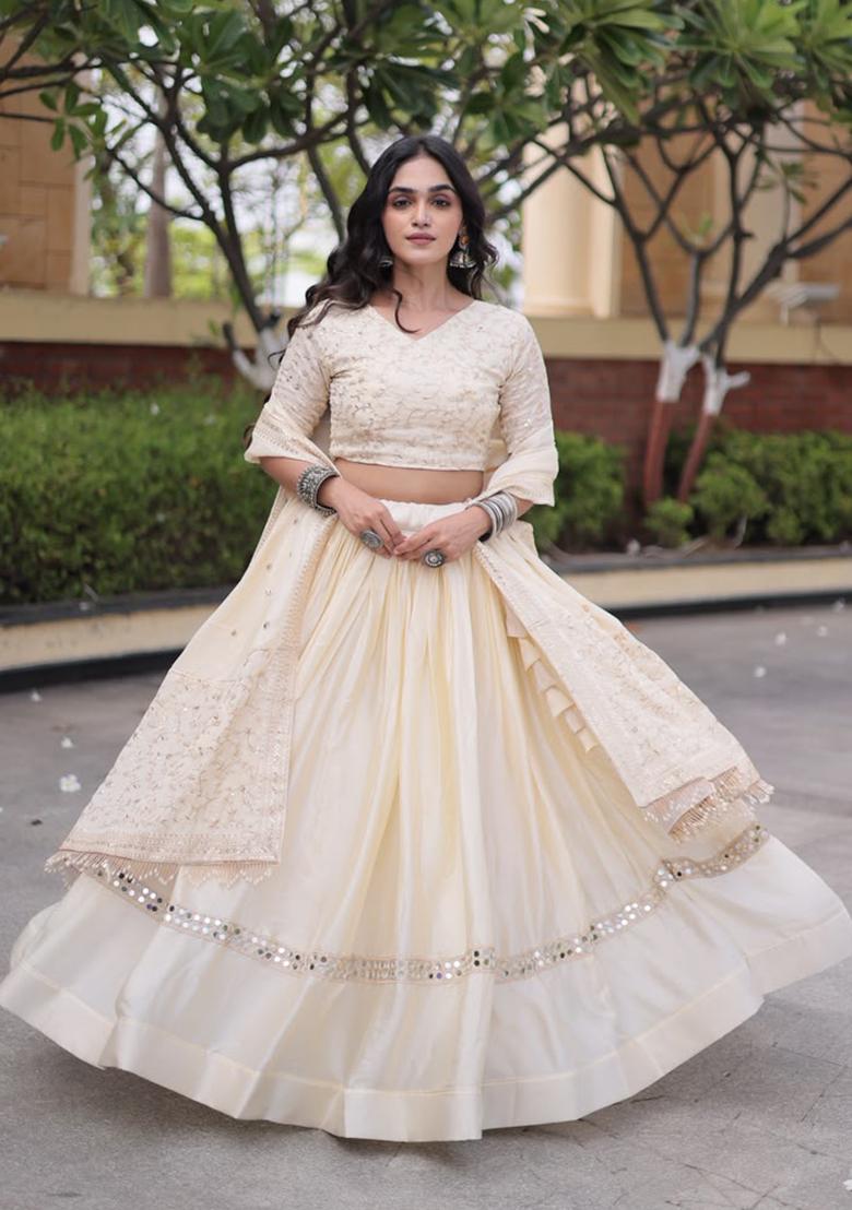 White Embroidery Satin Lehenga Choli - Indya