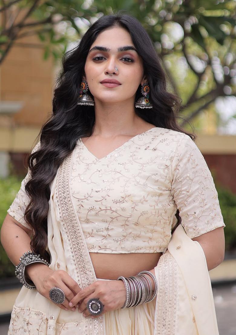 White Embroidery Satin Lehenga Choli - Indya