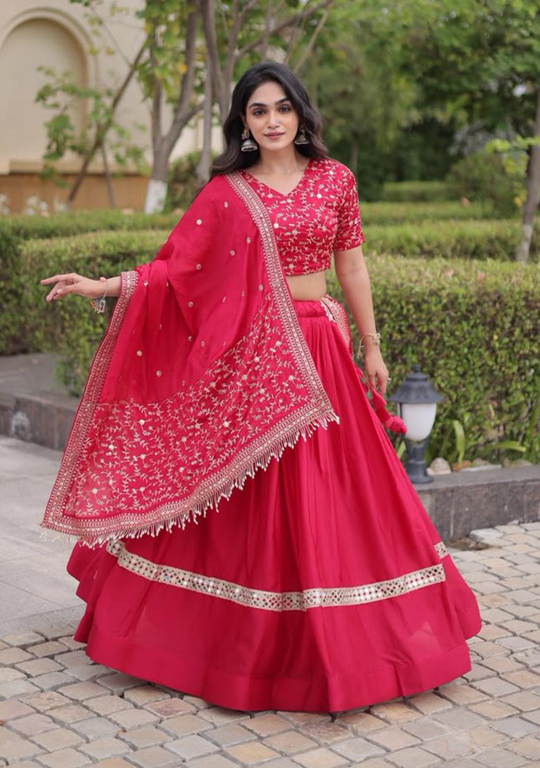 Red Embroidery Satin Lehenga Choli - Indya