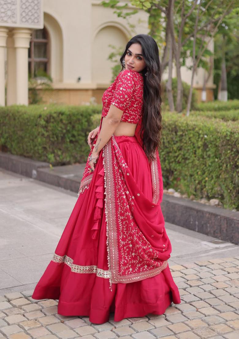 Red Embroidery Satin Lehenga Choli - Indya