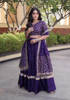 Purple Embroidery Satin Lehenga Choli