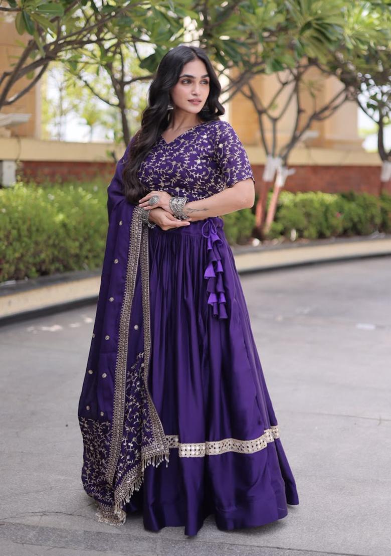 Purple Embroidery Satin Lehenga Choli - Indya