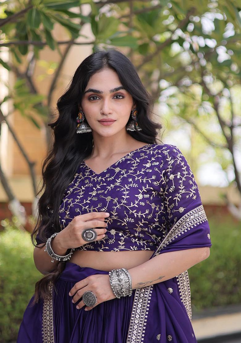 Purple Embroidery Satin Lehenga Choli - Indya