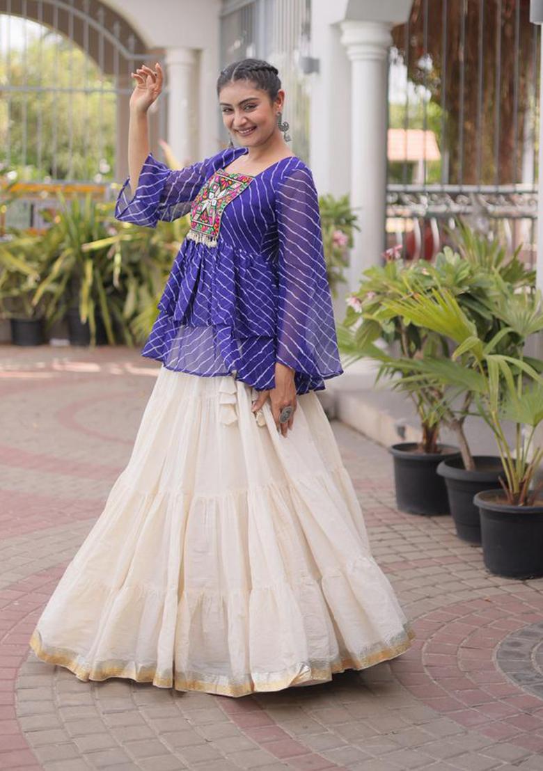 Blue Printed Cotton Lehenga Choli - Indya