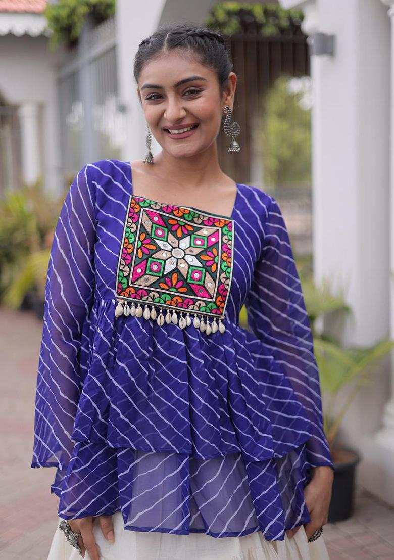 Blue Printed Cotton Lehenga Choli - Indya