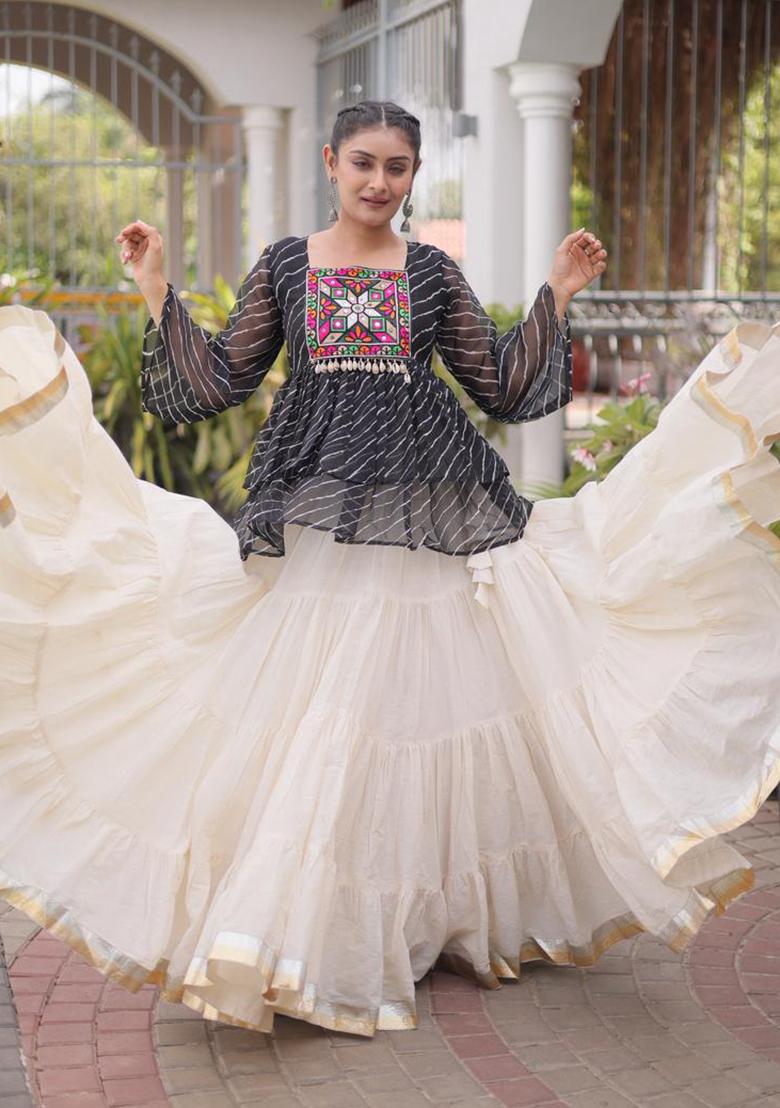 Black Printed Cotton Lehenga Choli - Indya