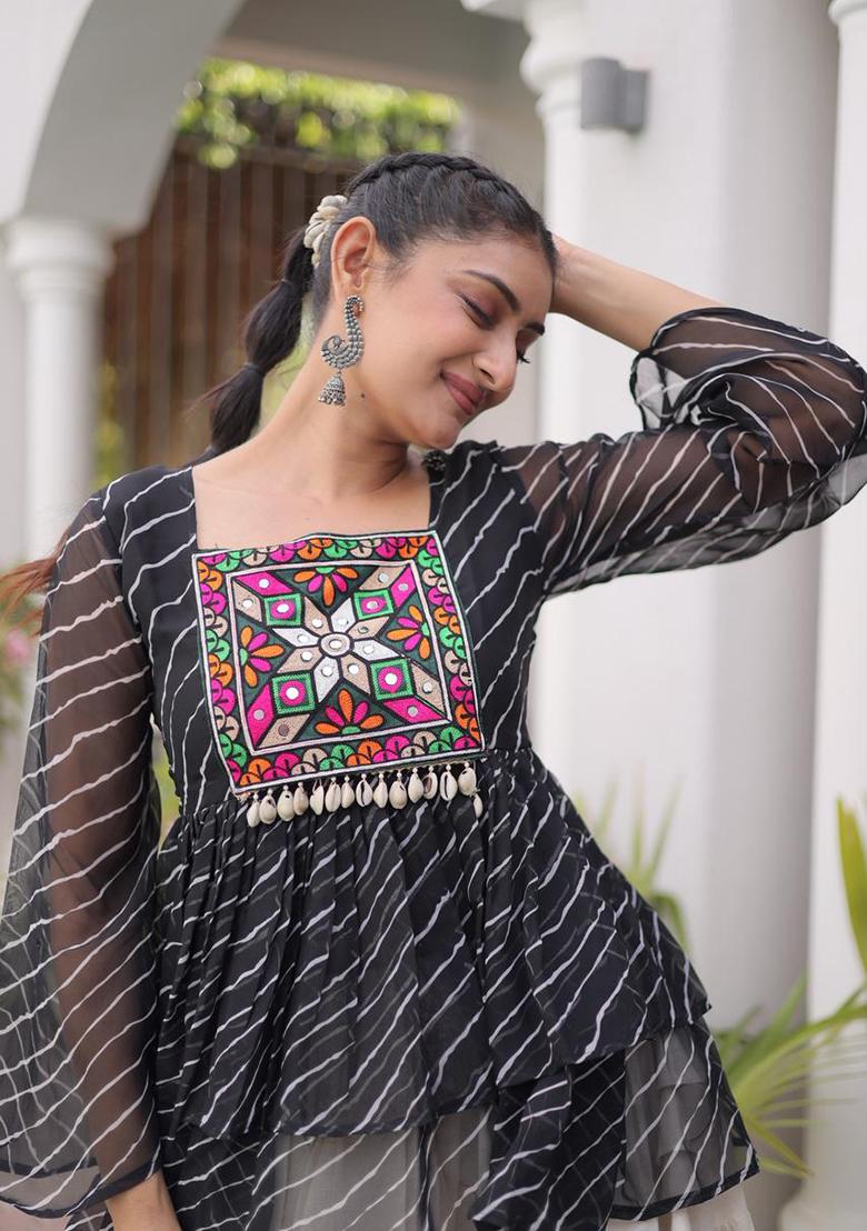 Black Printed Cotton Lehenga Choli - Indya