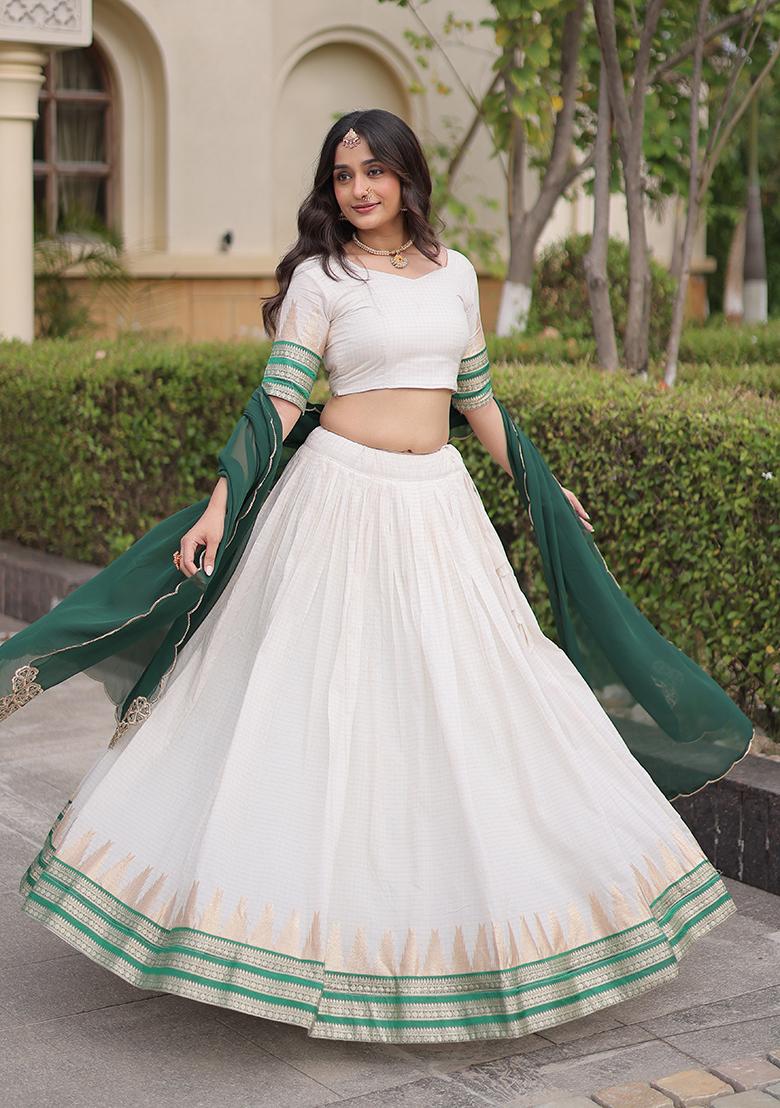 Green Zari Work Jacquard Lehenga Choli - Indya