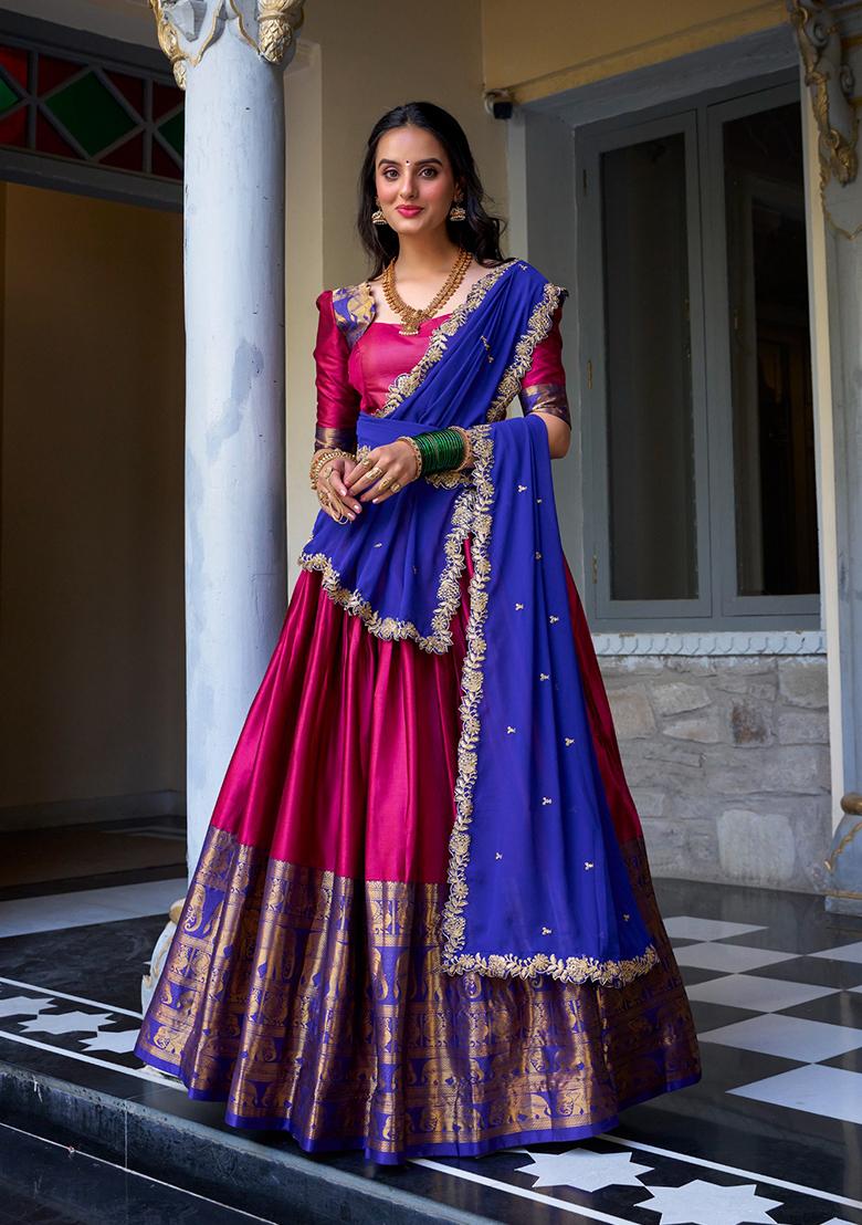 Blue Zari Work Narayan Pattu Lehenga Choli - Indya