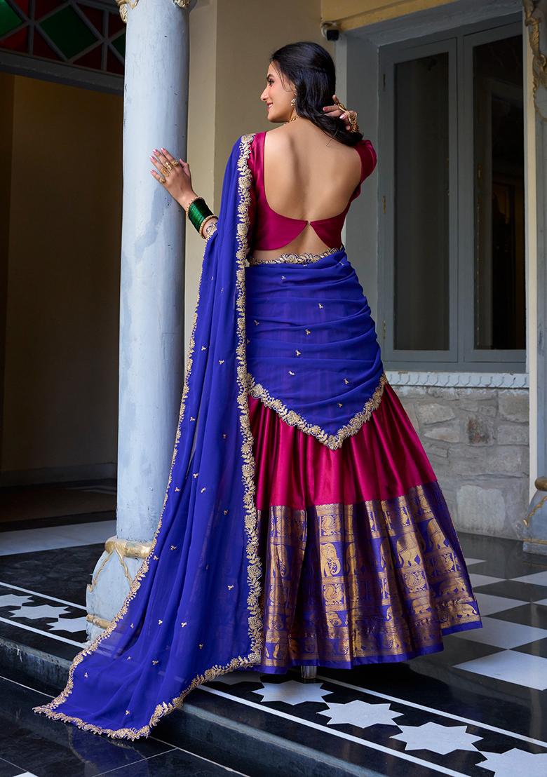 Blue Zari Work Narayan Pattu Lehenga Choli - Indya