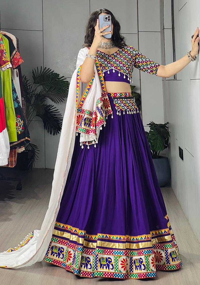 Purple Mirror Work Cotton Lehenga Choli - Indya