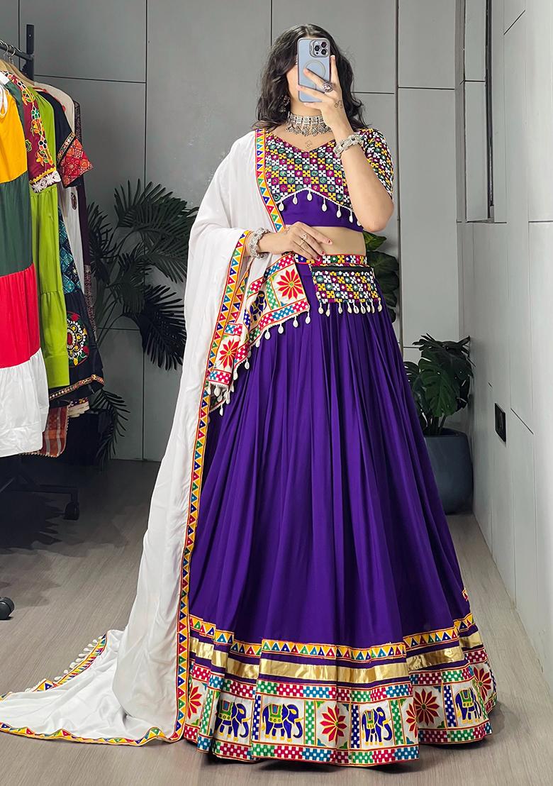 Purple Mirror Work Cotton Lehenga Choli - Indya