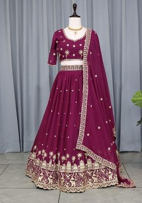 Wine Embroidery Georgette Lehenga Choli