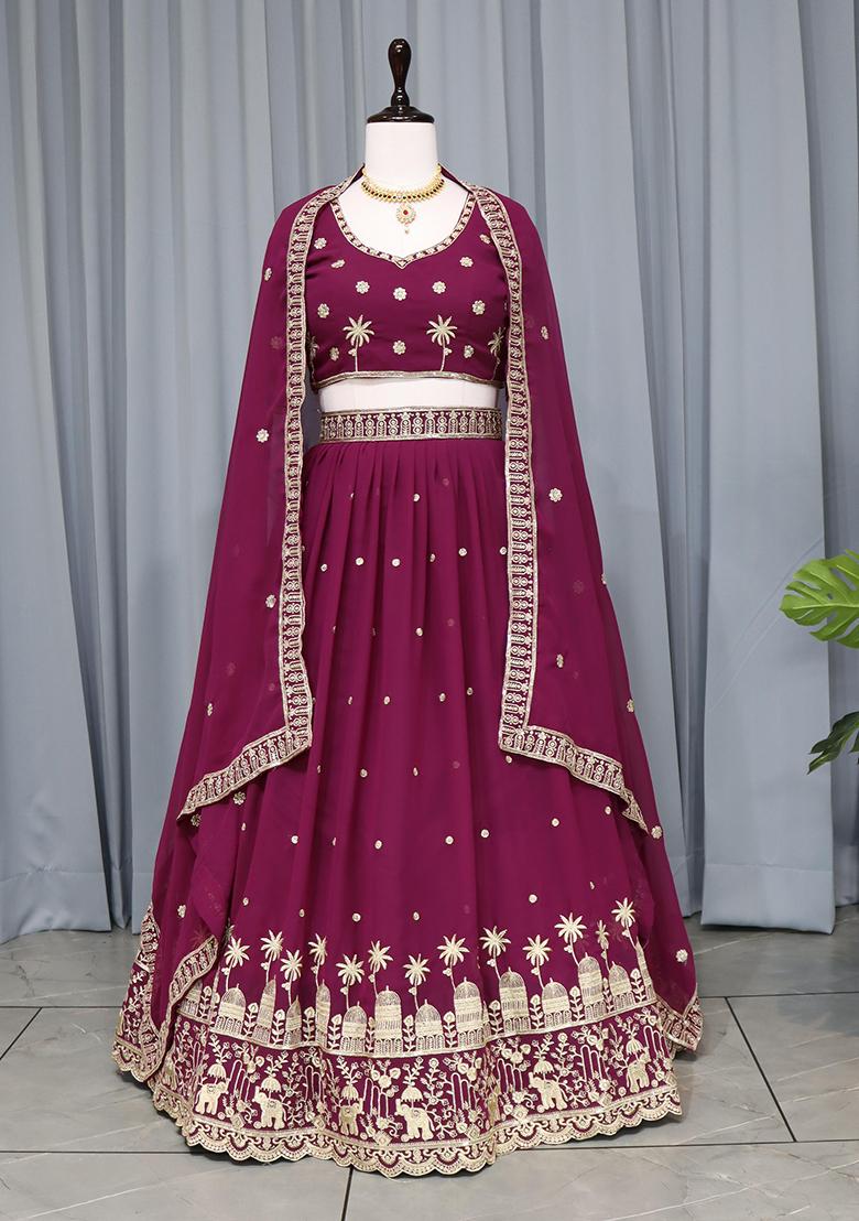 Wine Embroidery Georgette Lehenga Choli - Indya