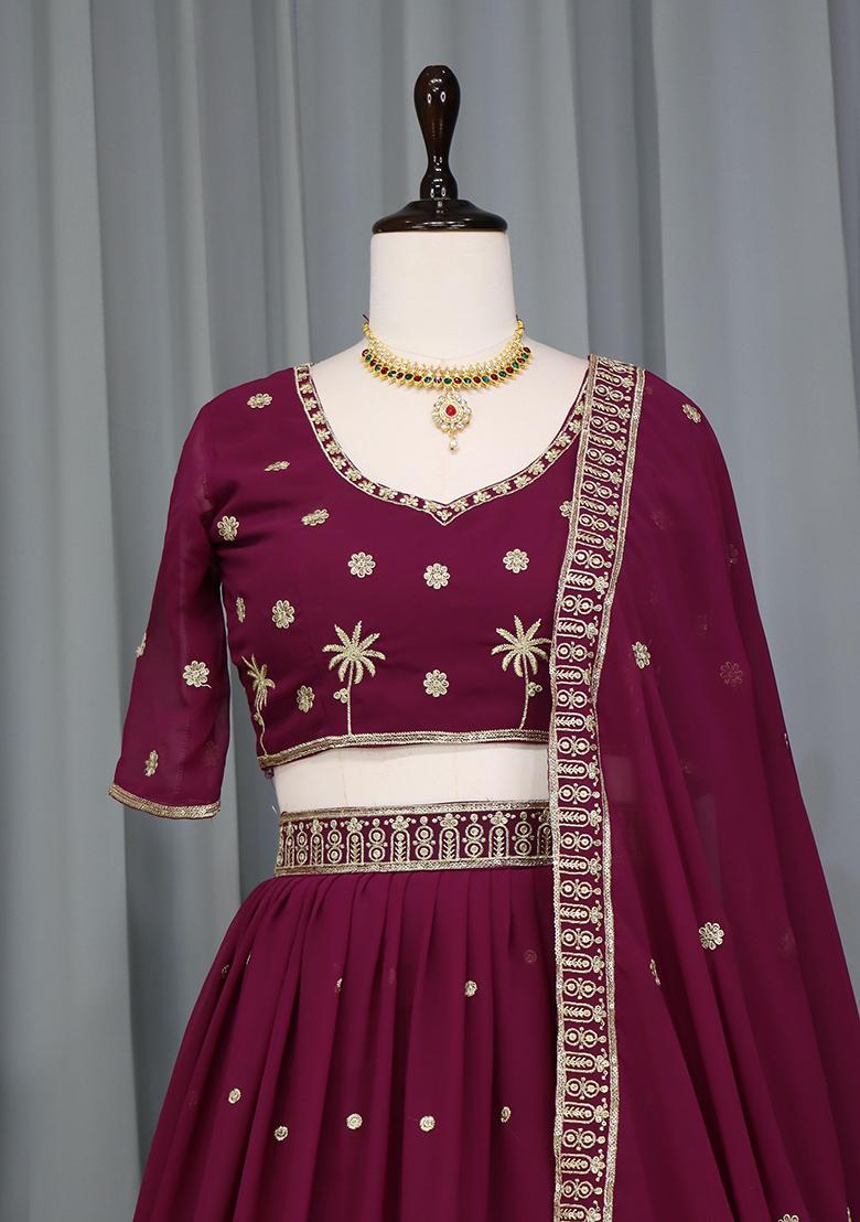 Wine Embroidery Georgette Lehenga Choli - Indya