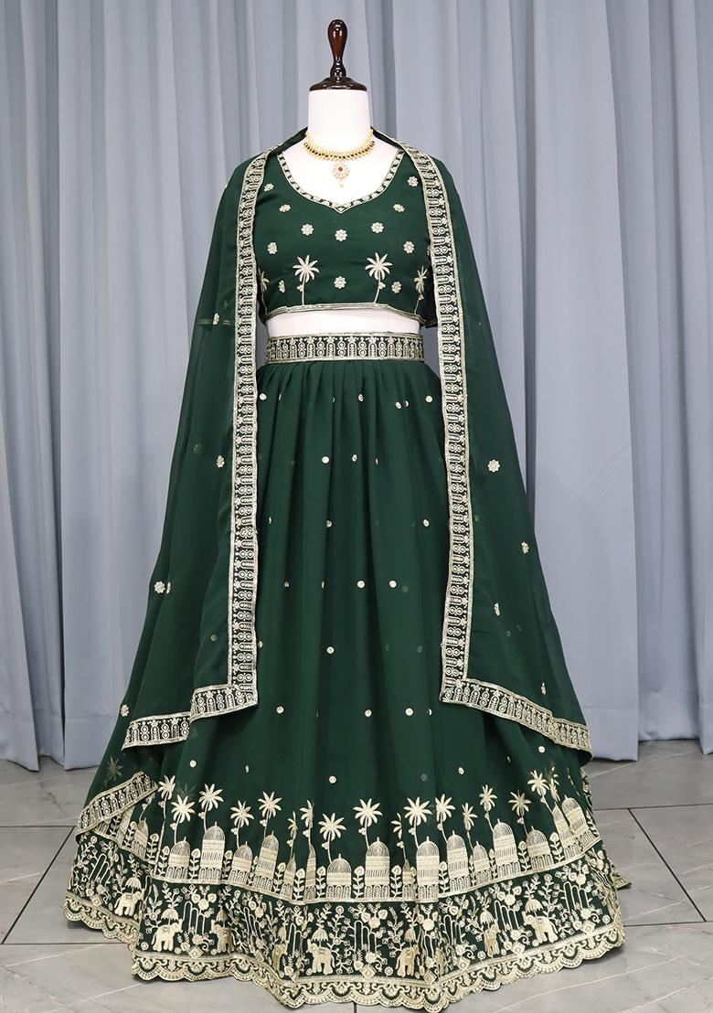 Green Embroidery Georgette Lehenga Choli - Indya