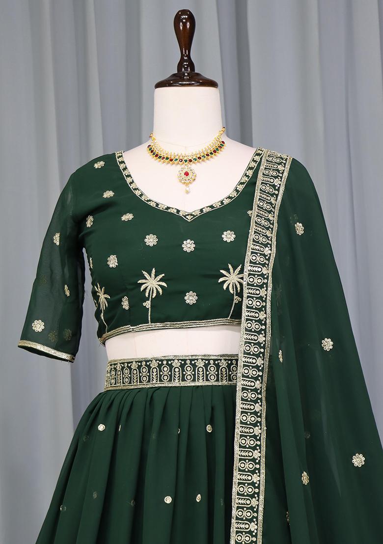 Green Embroidery Georgette Lehenga Choli - Indya