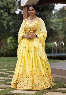 Yellow Embroidery Chinon Lehenga Choli