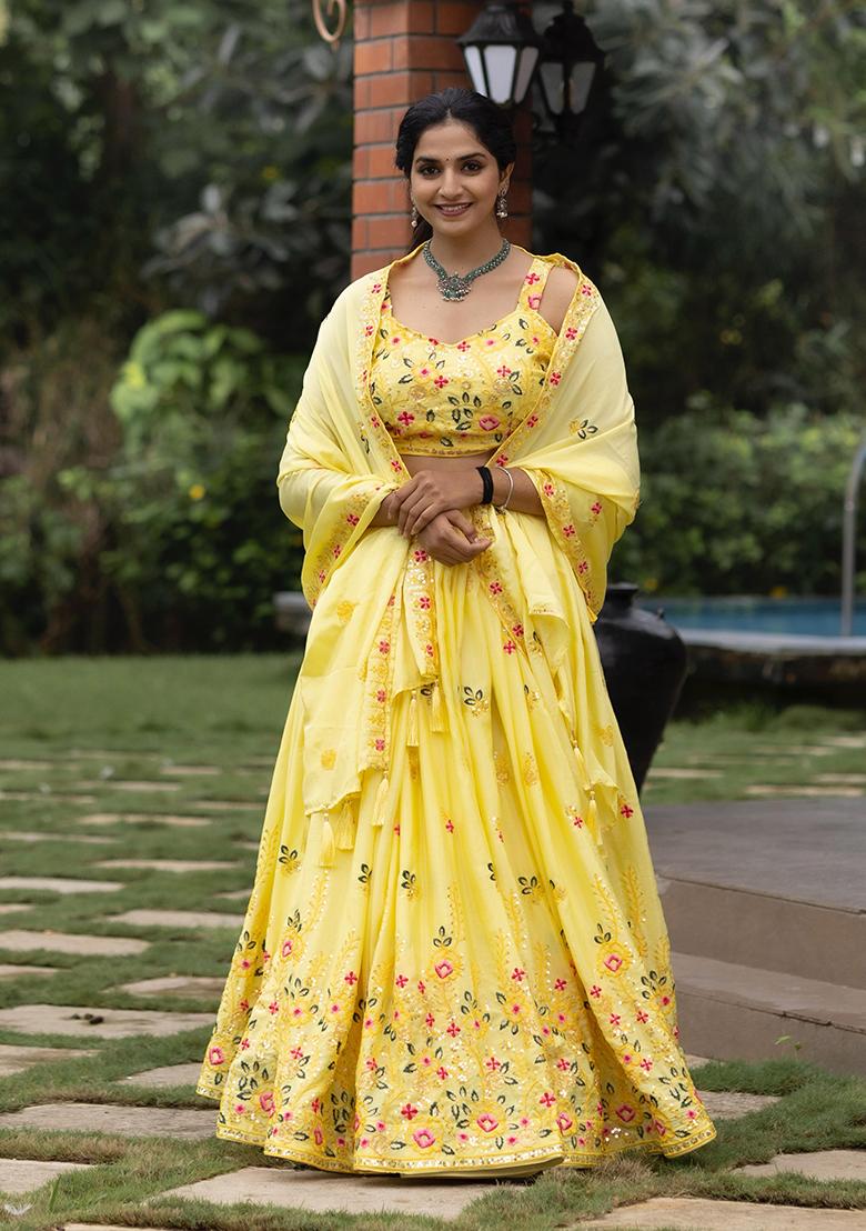 Yellow Embroidery Chinon Lehenga Choli - Indya