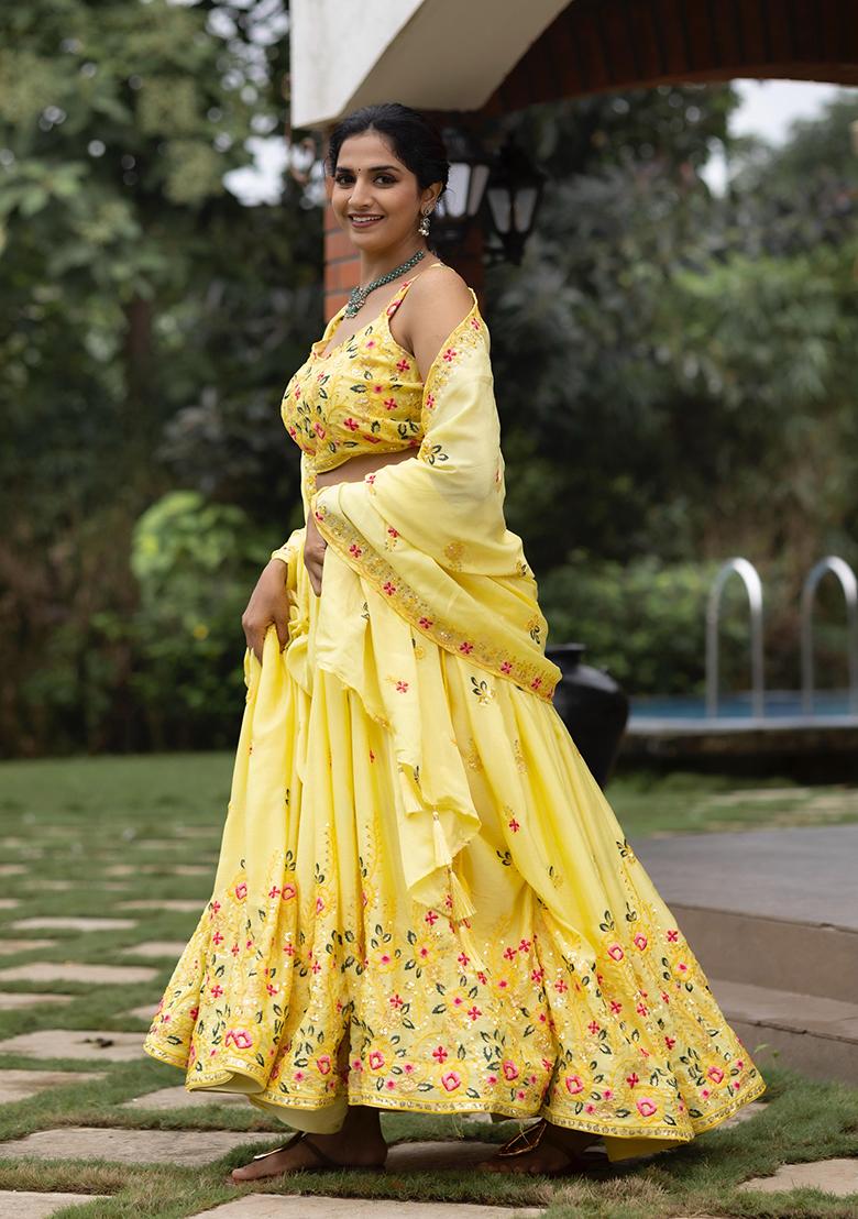 Yellow Embroidery Chinon Lehenga Choli - Indya