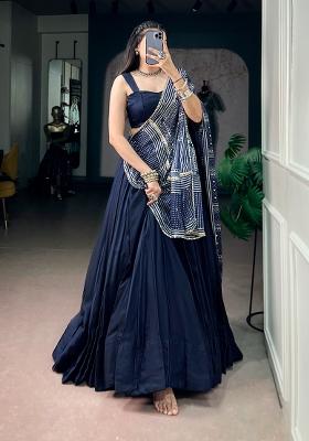 Blue Printed Silk Lehenga Choli