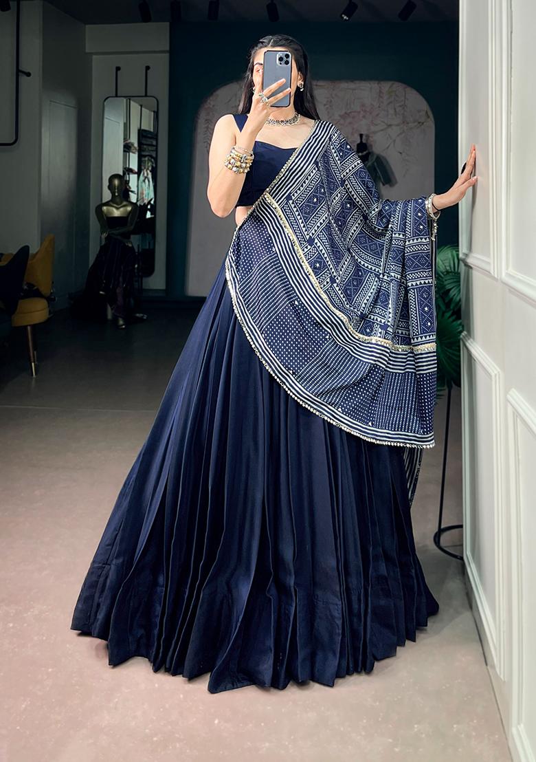 Blue Printed Silk Lehenga Choli - Indya