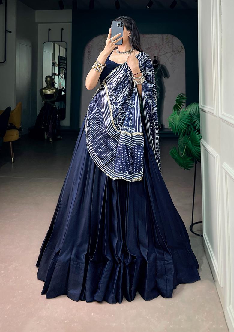 Blue Printed Silk Lehenga Choli - Indya