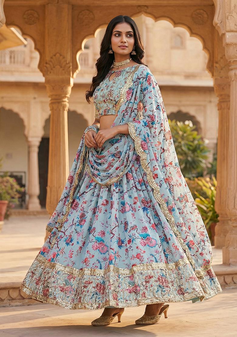 Sky Blue Sequnce Work Georgette Lehenga Set - Indya