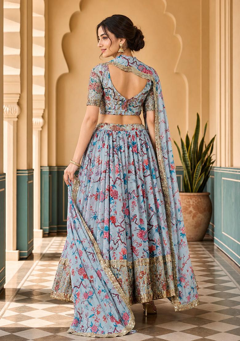 Sky Blue Sequnce Work Georgette Lehenga Set - Indya