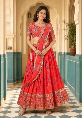 Red Sequnce Work Georgette Lehenga Set