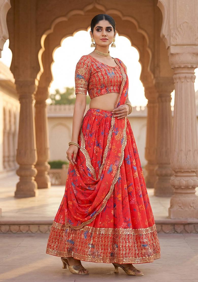Red Sequnce Work Georgette Lehenga Set - Indya