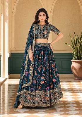 Blue Sequnce Work Georgette Lehenga Set