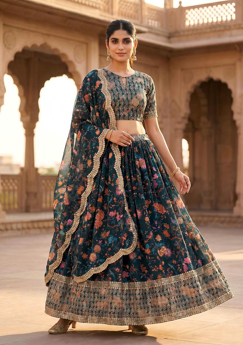 Blue Sequnce Work Georgette Lehenga Set - Indya