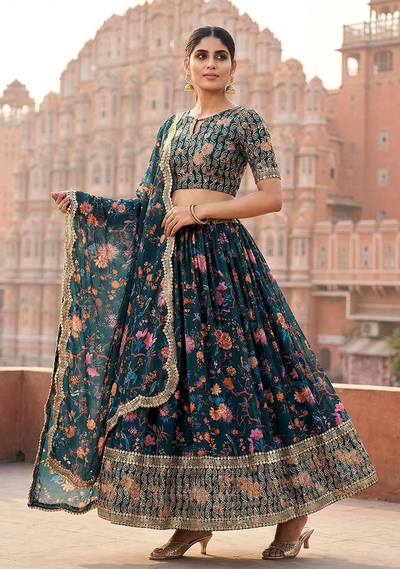 Blue Sequnce Work Georgette Lehenga Set - Indya