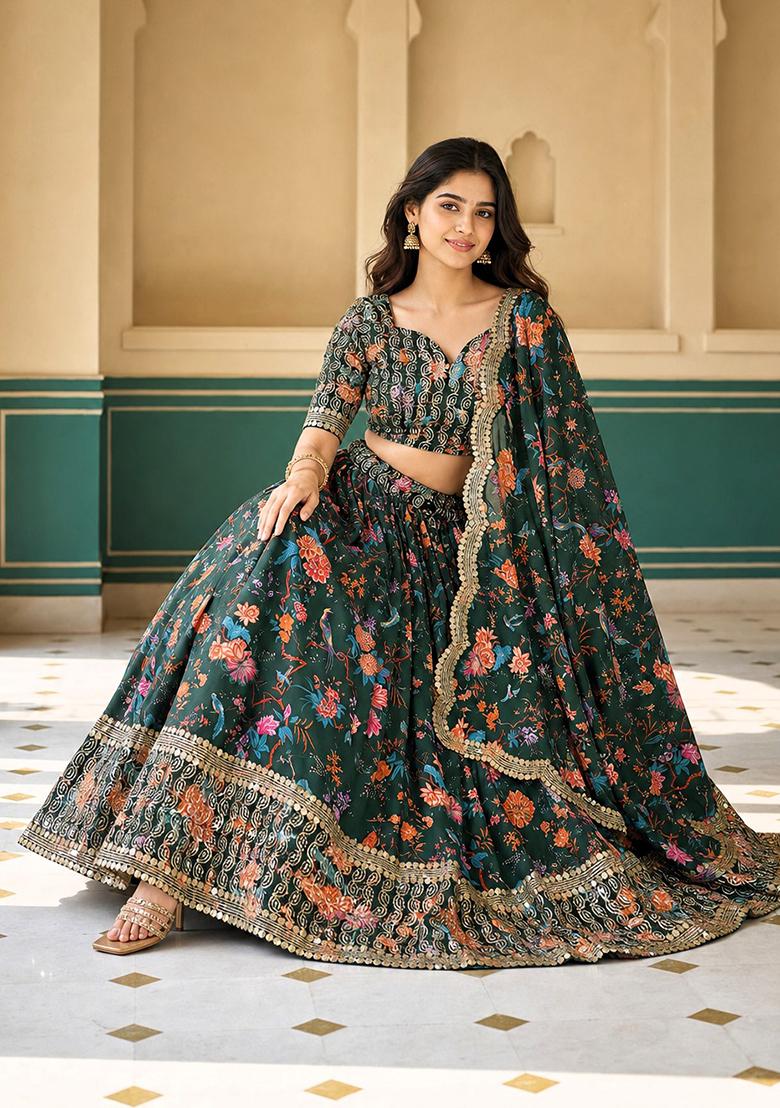 Green Sequnce Work Georgette Lehenga Set - Indya