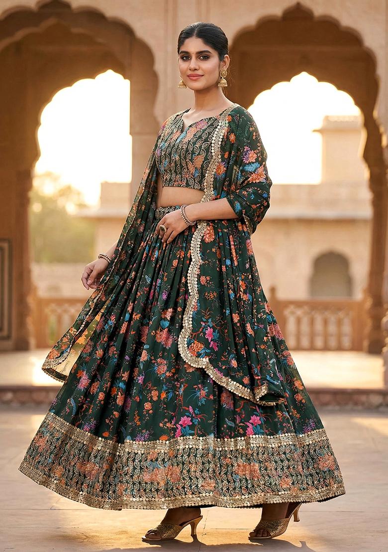 Green Sequnce Work Georgette Lehenga Set - Indya
