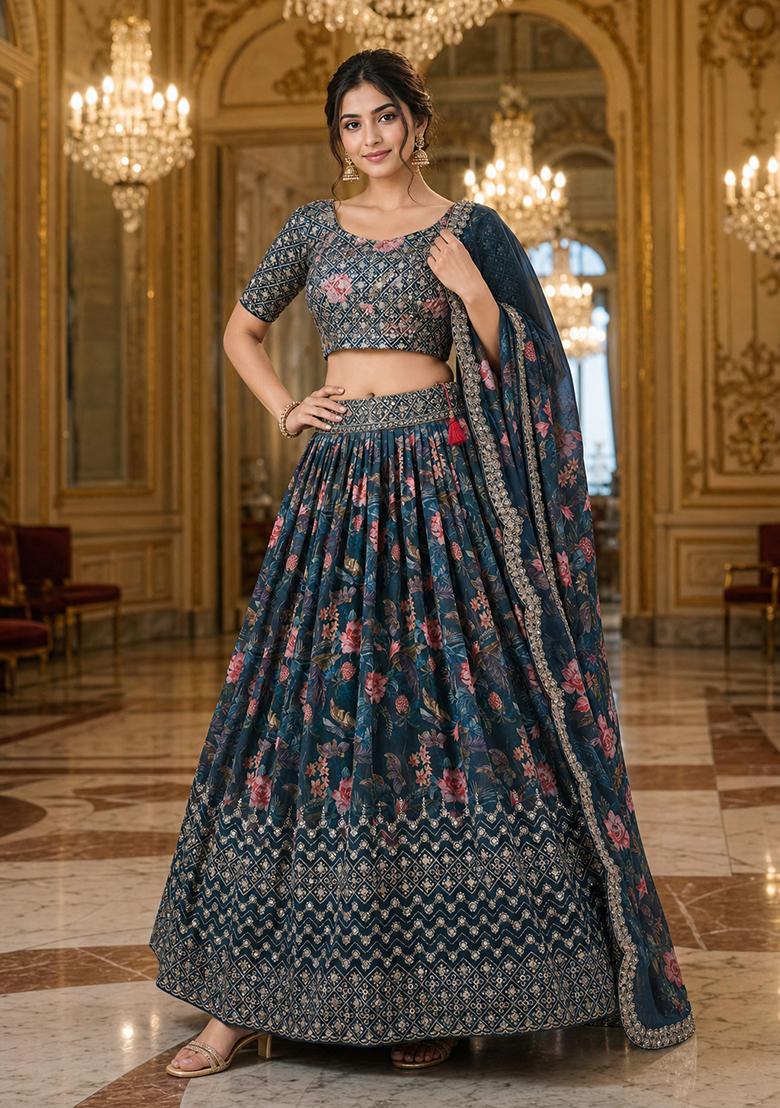 Blue Sequnce Work Georgette Lehenga Set - Indya