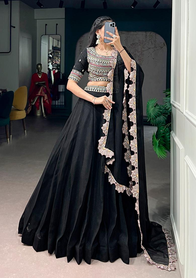 Black Embroidery Georgette Lehenga Set - Indya