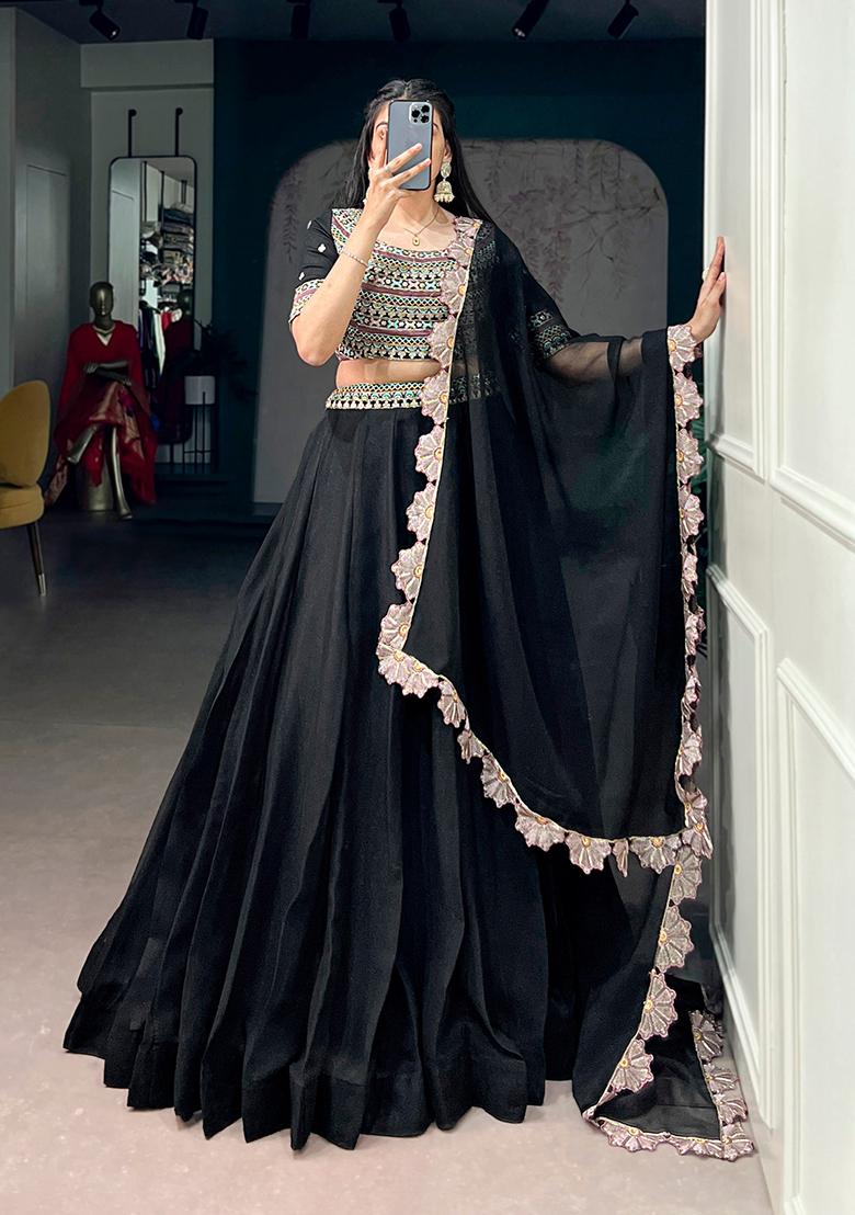 Black Embroidery Georgette Lehenga Set - Indya