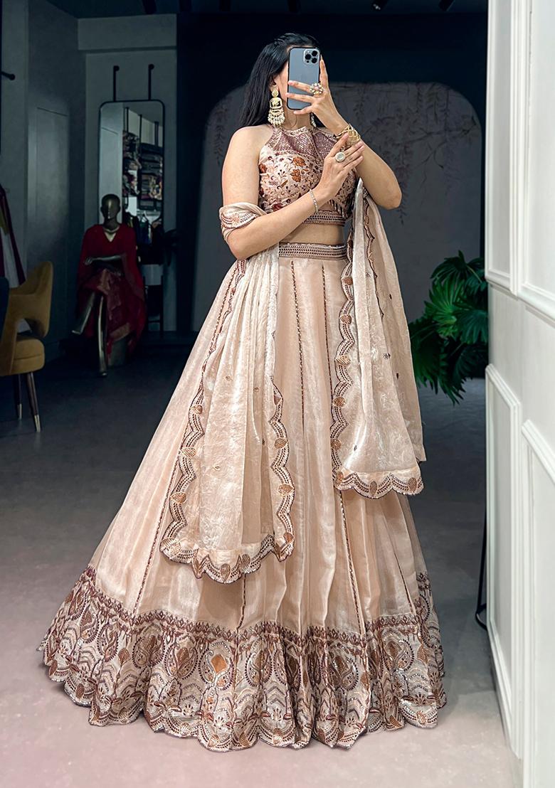 Cream Embroidery Crush Lehenga Set - Indya