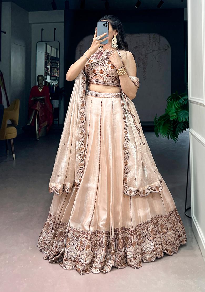 Cream Embroidery Crush Lehenga Set - Indya