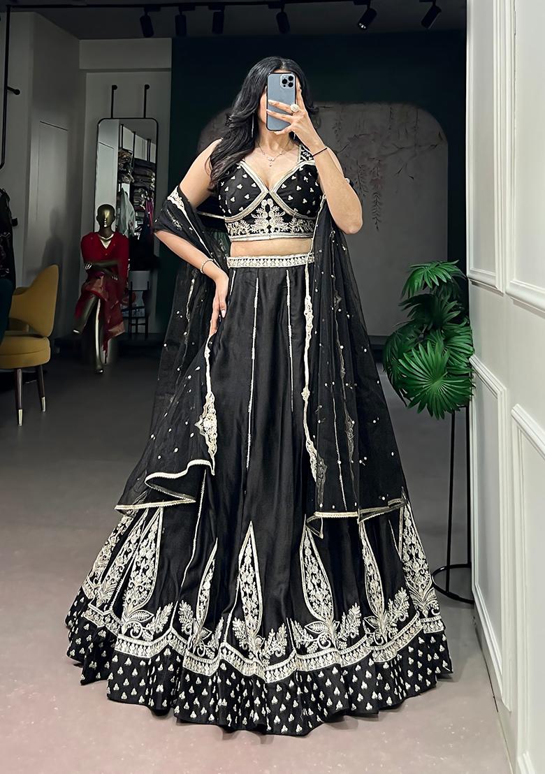 Black Embroidery Silk Lehenga Set - Indya