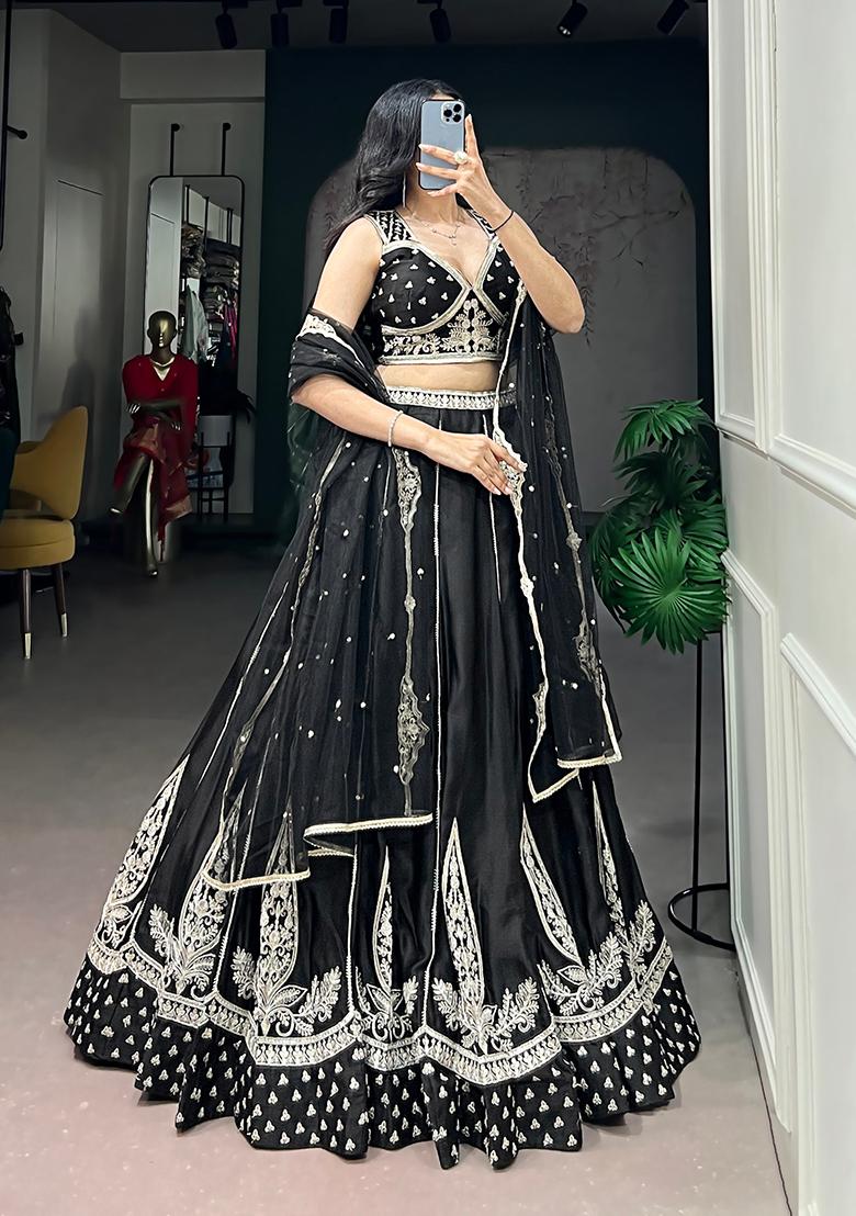 Black Embroidery Silk Lehenga Set - Indya