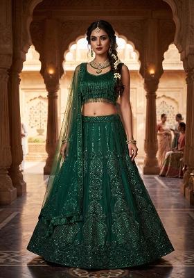 Green Embroidery Net Lehenga Set