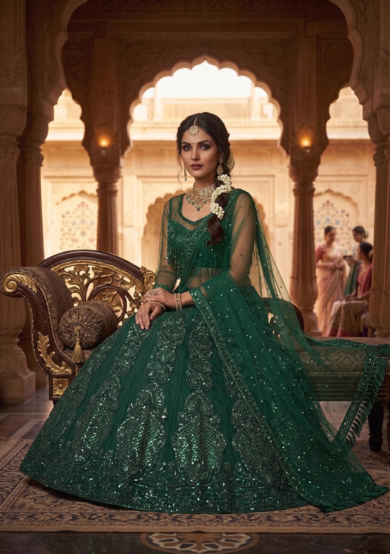 Green Embroidery Net Lehenga Set - Indya
